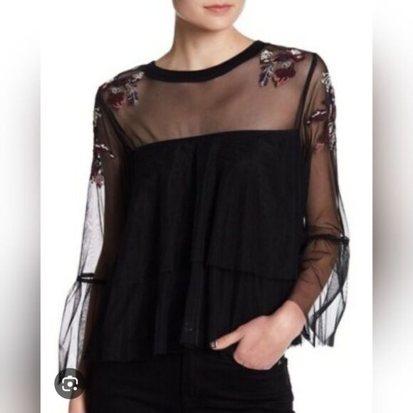 Willow & Clay Black Mesh Embroidered Floral Yoke Blouse Size M - Picture 1 of 8
